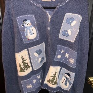 croft & barrow Blue Patchwork Snowman Zip Cardigan